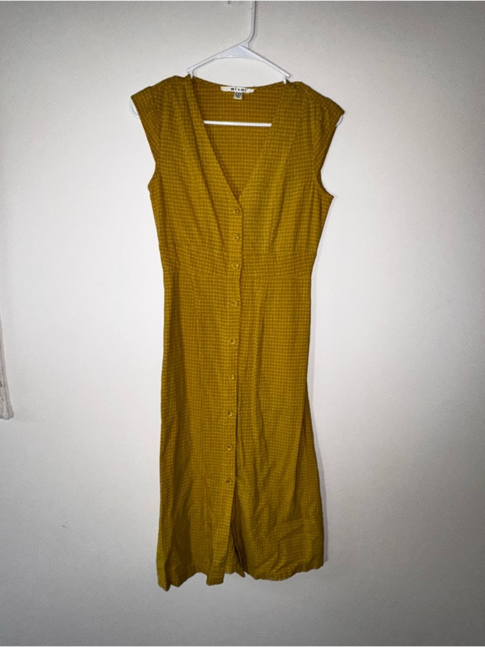 Sleeveless Button-Front Mustard Yellow Gingham Midi Dress